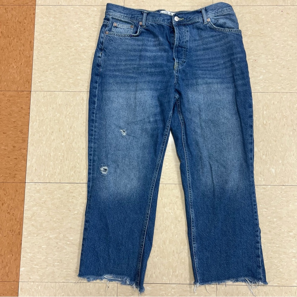 Free People Blue Cropped Jeans Distressed Denim Button Fly Boho